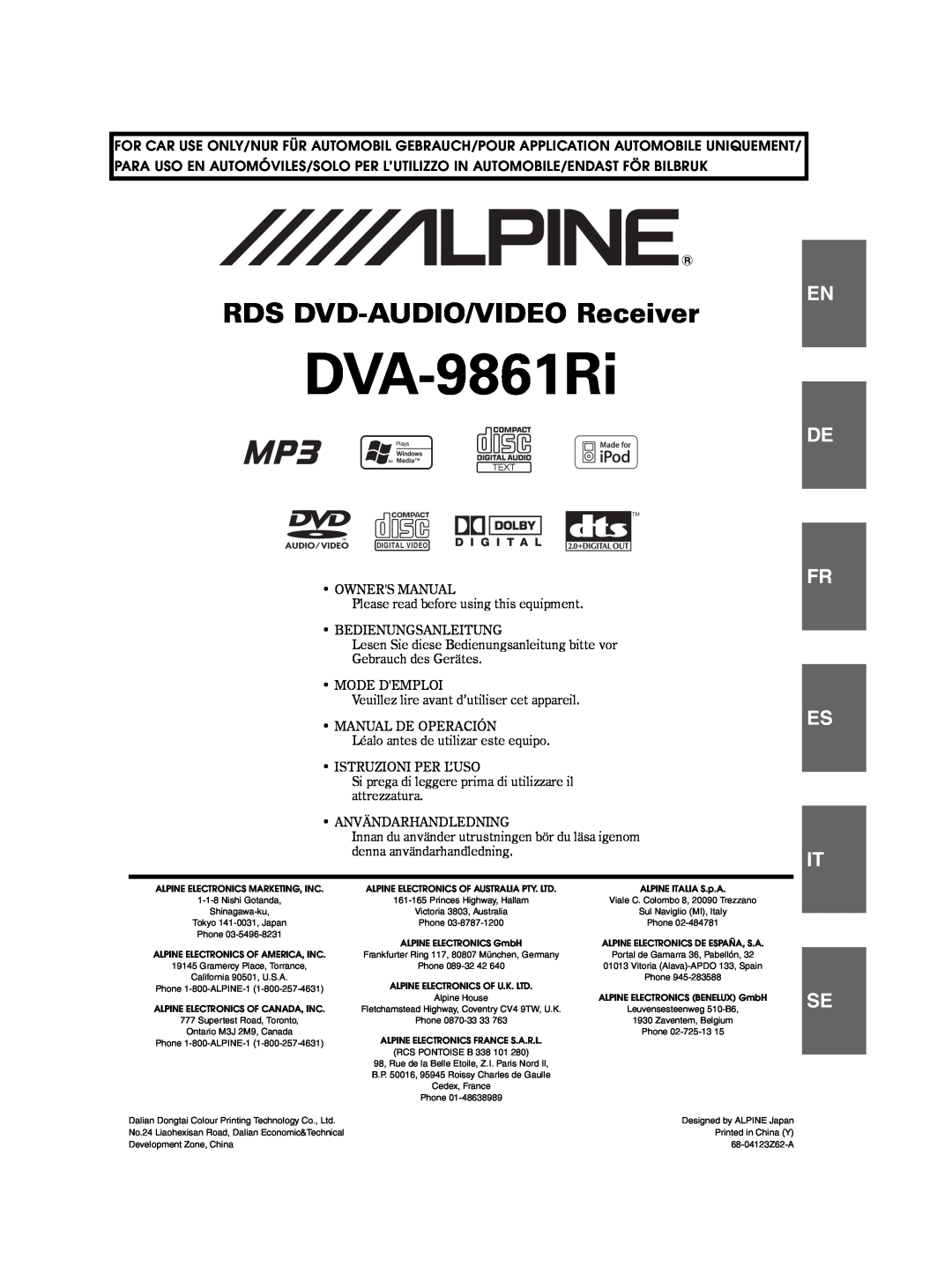 Alpine DVA-9861Ri owner manual RDS DVD-AUDIO/VIDEOReceiver, Fr Es It 