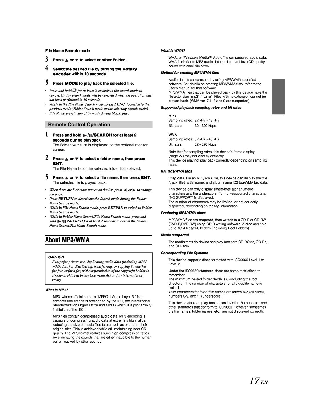 Alpine DVA-9861Ri owner manual About MP3/WMA, Remote Control Operation, 17-EN 