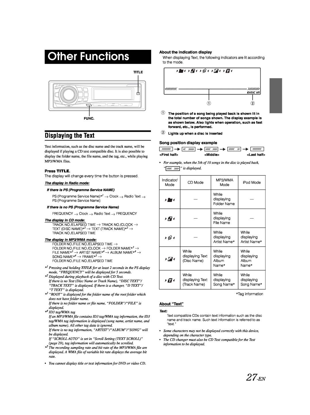 Alpine DVA-9861Ri owner manual Other Functions, Displaying the Text, 27-EN 