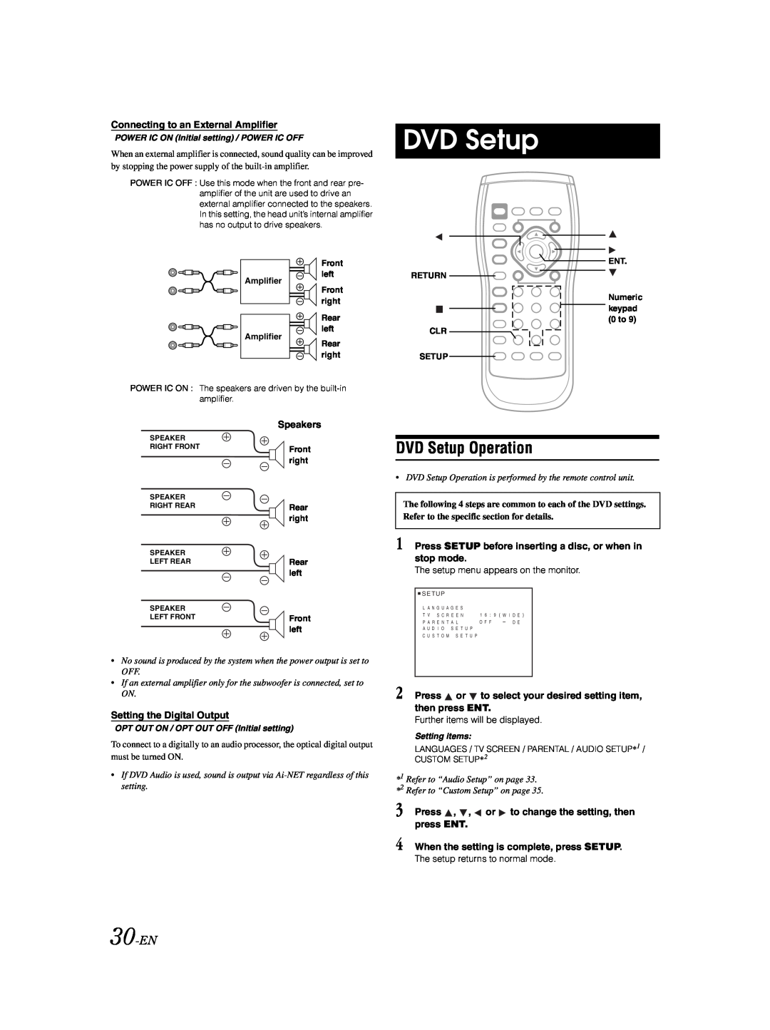 Alpine DVA-9861Ri owner manual DVD Setup Operation, 30-EN 