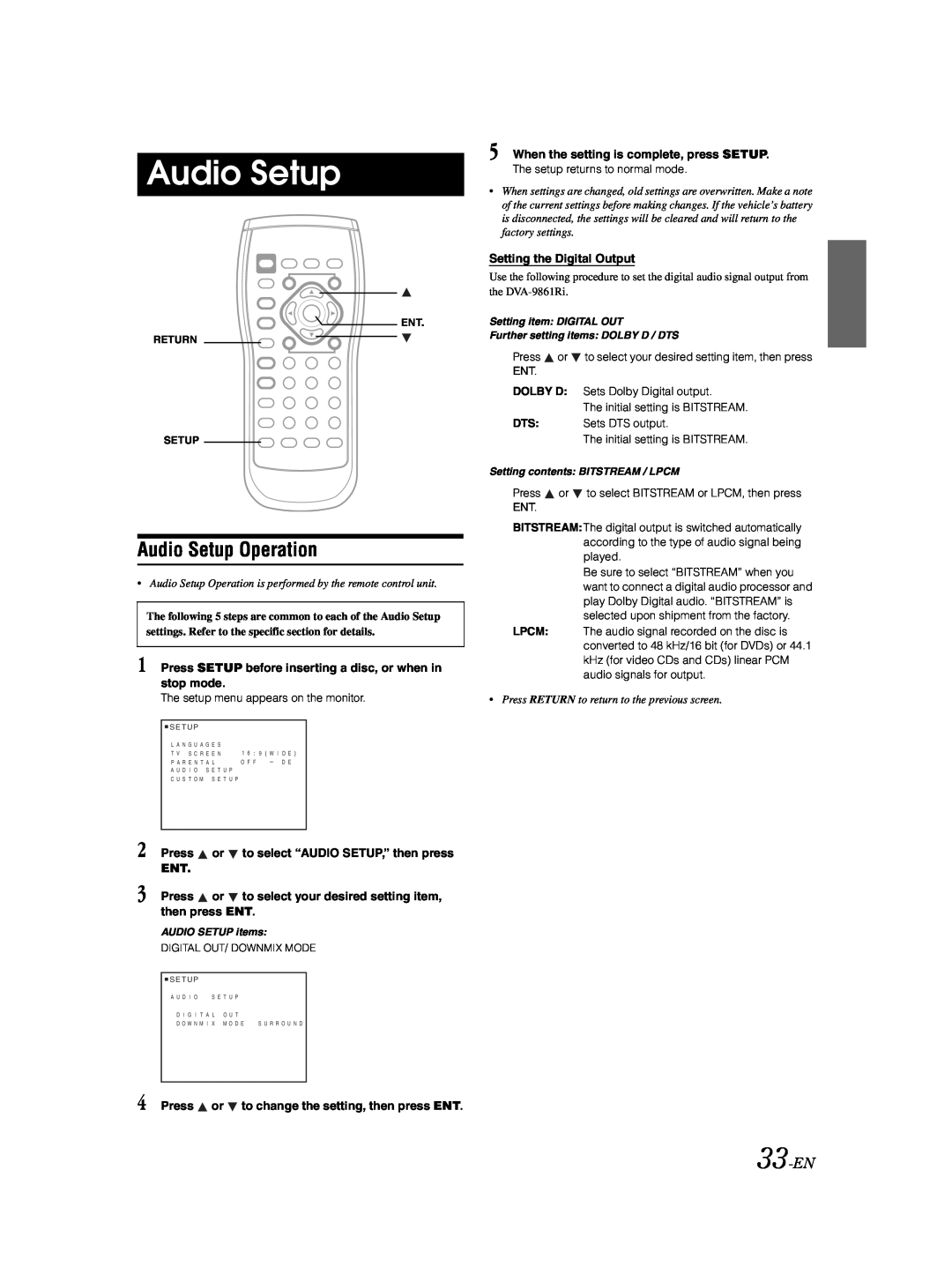 Alpine DVA-9861Ri owner manual Audio Setup Operation, 33-EN 