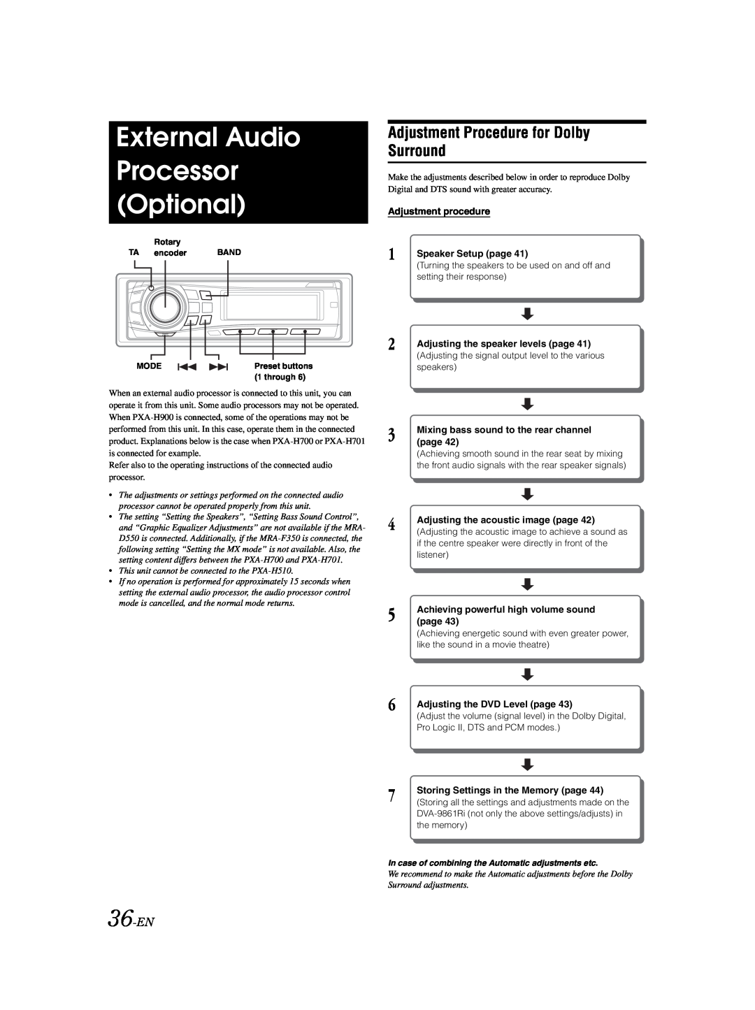 Alpine DVA-9861Ri owner manual External Audio Processor Optional, Adjustment Procedure for Dolby Surround, 36-EN 