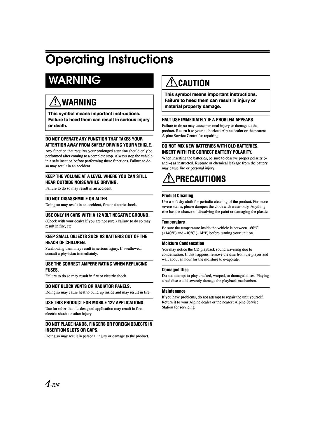 Alpine DVA-9861Ri owner manual Operating Instructions, 4-EN, Precautions 