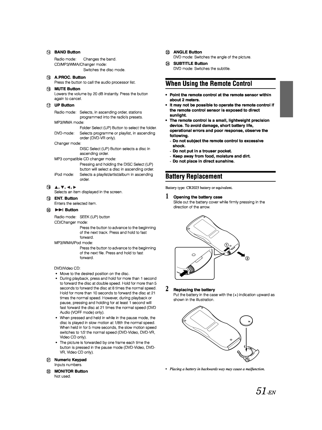 Alpine DVA-9861Ri owner manual When Using the Remote Control, Battery Replacement, 51-EN 
