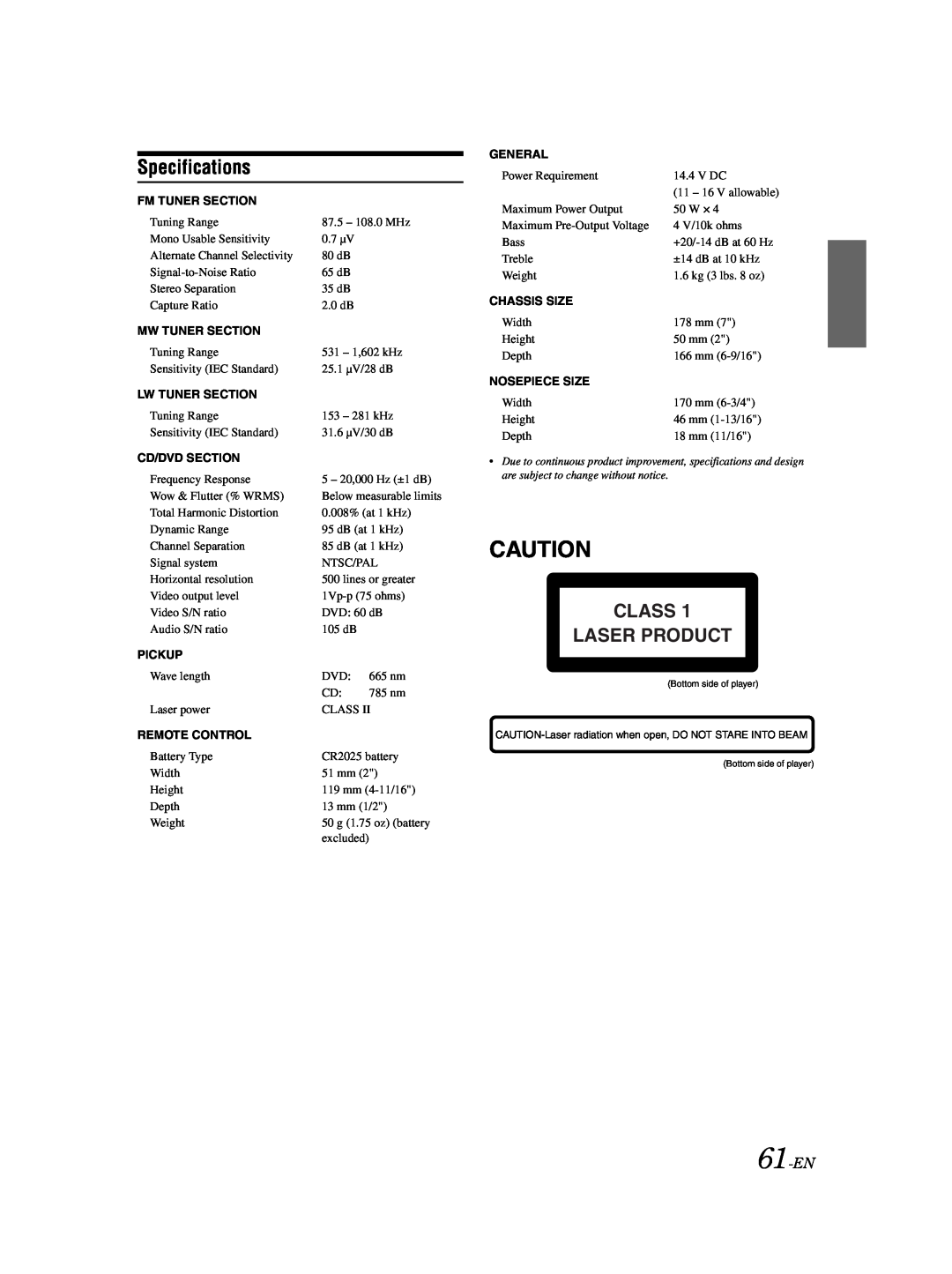 Alpine DVA-9861Ri owner manual Specifications, Class Laser Product, 61-EN 