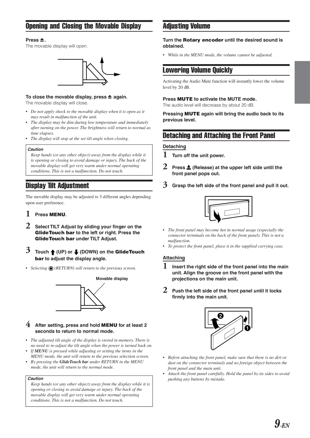 Alpine DVA-9965 owner manual Opening and Closing the Movable Display, Adjusting Volume, Display Tilt Adjustment 