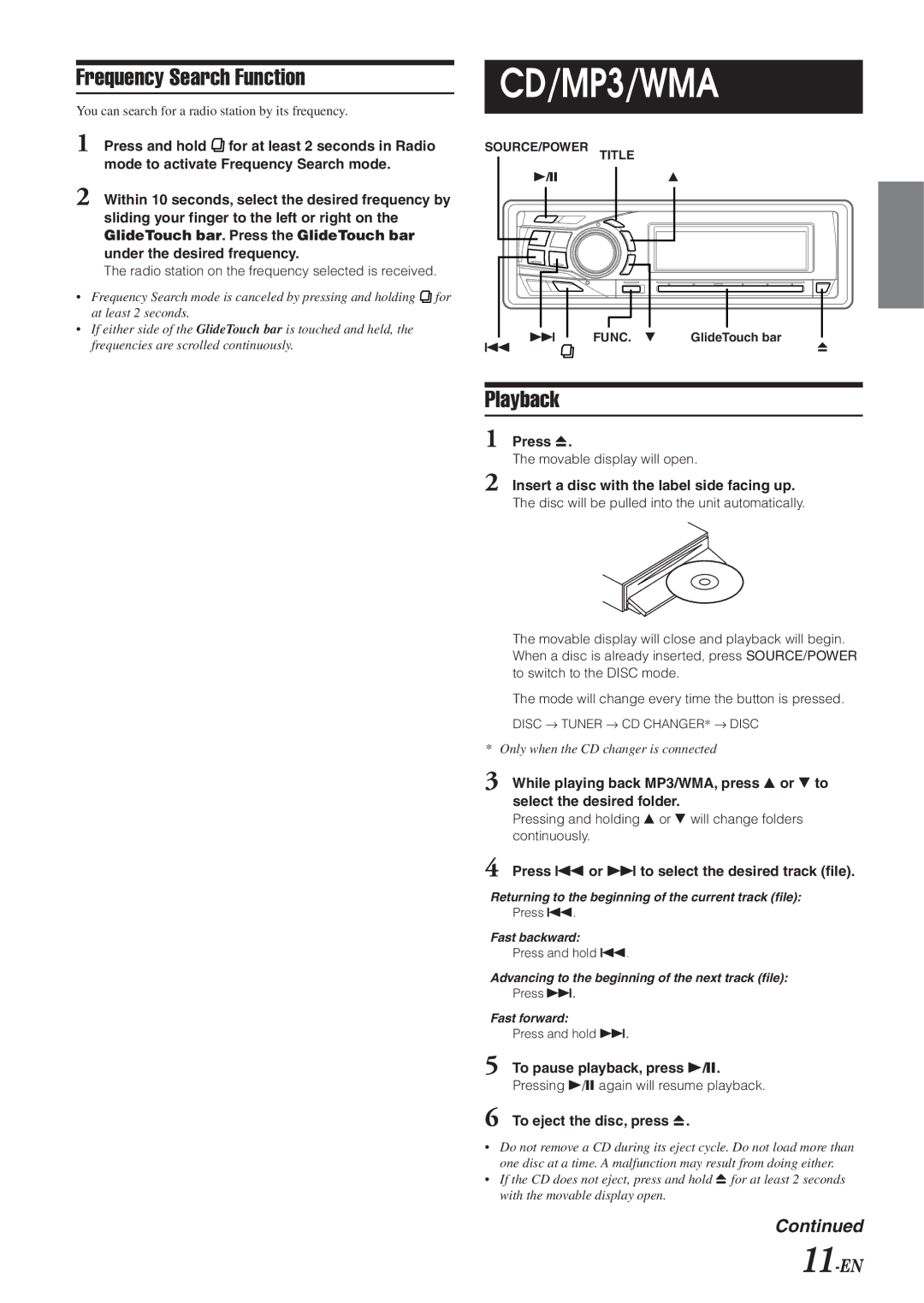 Alpine DVA-9965 owner manual Frequency Search Function, Playback, 11-EN, Press g or f to select the desired track file 