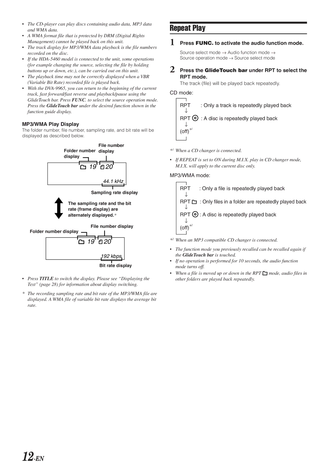 Alpine DVA-9965 owner manual Repeat Play, 12-EN, MP3/WMA Play Display, Press FUNC. to activate the audio function mode 