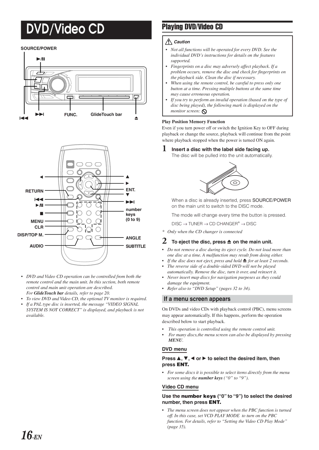 Alpine DVA-9965 Playing DVD/Video CD, If a menu screen appears, 16-EN, To eject the disc, press c on the main unit 