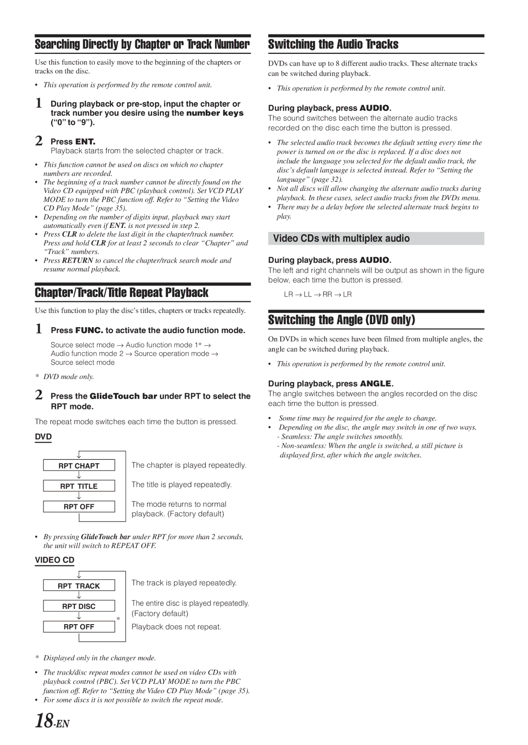 Alpine DVA-9965 Chapter/Track/Title Repeat Playback, Switching the Audio Tracks, Switching the Angle DVD only, 18-EN 