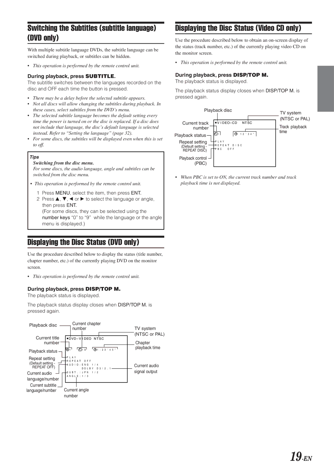 Alpine DVA-9965 owner manual Switching the Subtitles subtitle language DVD only, Displaying the Disc Status DVD only, 19-EN 