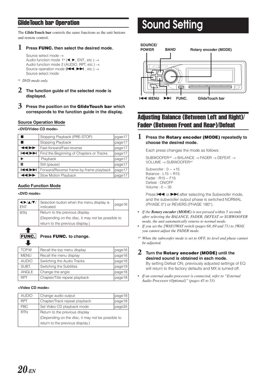 Alpine DVA-9965 owner manual Sound Setting, GlideTouch bar Operation, 20-EN, Func 