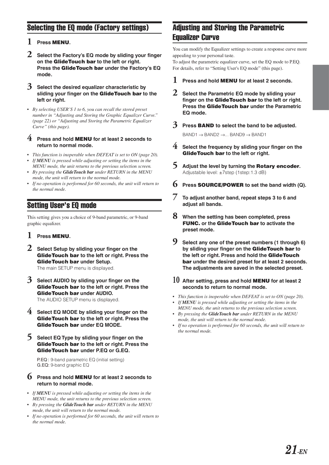 Alpine DVA-9965 owner manual Selecting the EQ mode Factory settings, Setting Users EQ mode, 21-EN 