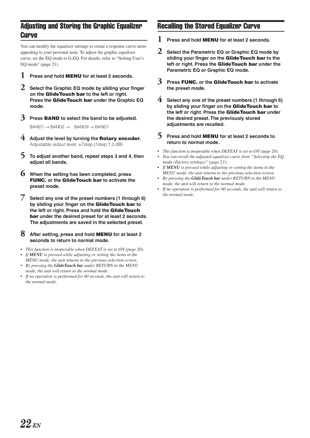 Alpine DVA-9965 owner manual Adjusting and Storing the Graphic Equalizer Curve, Recalling the Stored Equalizer Curve, 22-EN 
