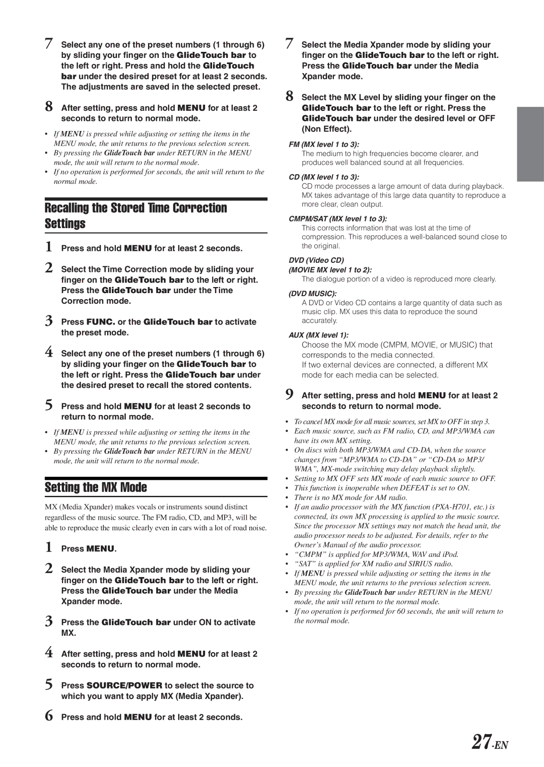 Alpine DVA-9965 owner manual Recalling the Stored Time Correction Settings, Setting the MX Mode, 27-EN 