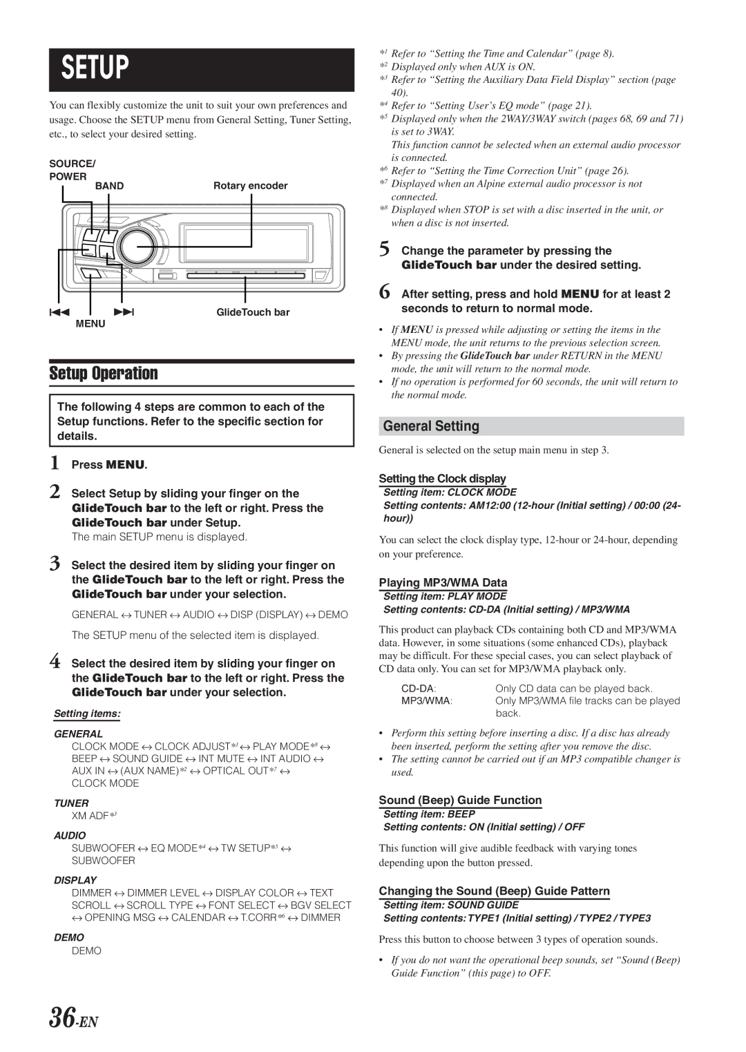 Alpine DVA-9965 owner manual Setup Operation, General Setting, 36-EN 