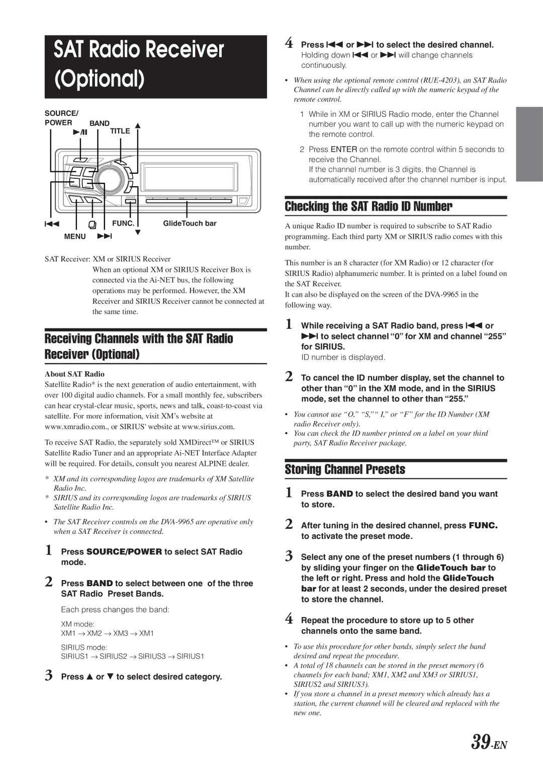 Alpine DVA-9965 Receiving Channels with the SAT Radio Receiver Optional, Checking the SAT Radio ID Number, 39-EN 