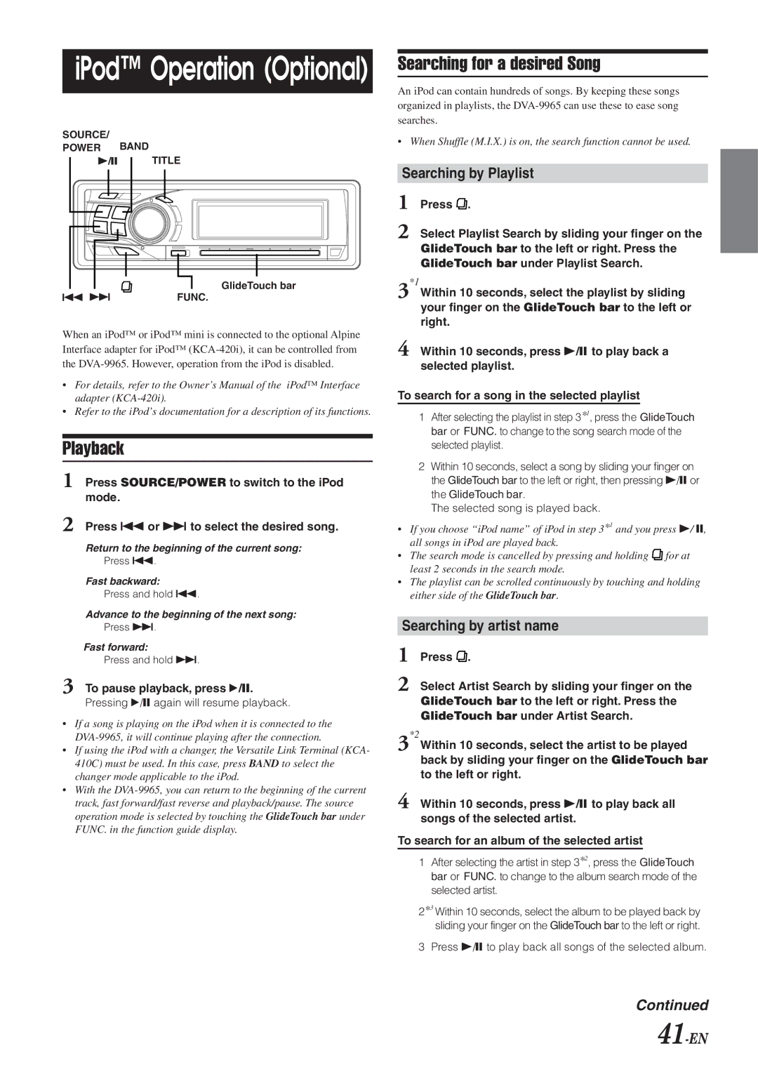 Alpine DVA-9965 owner manual Searching for a desired Song, Searching by Playlist, Searching by artist name, 41-EN 