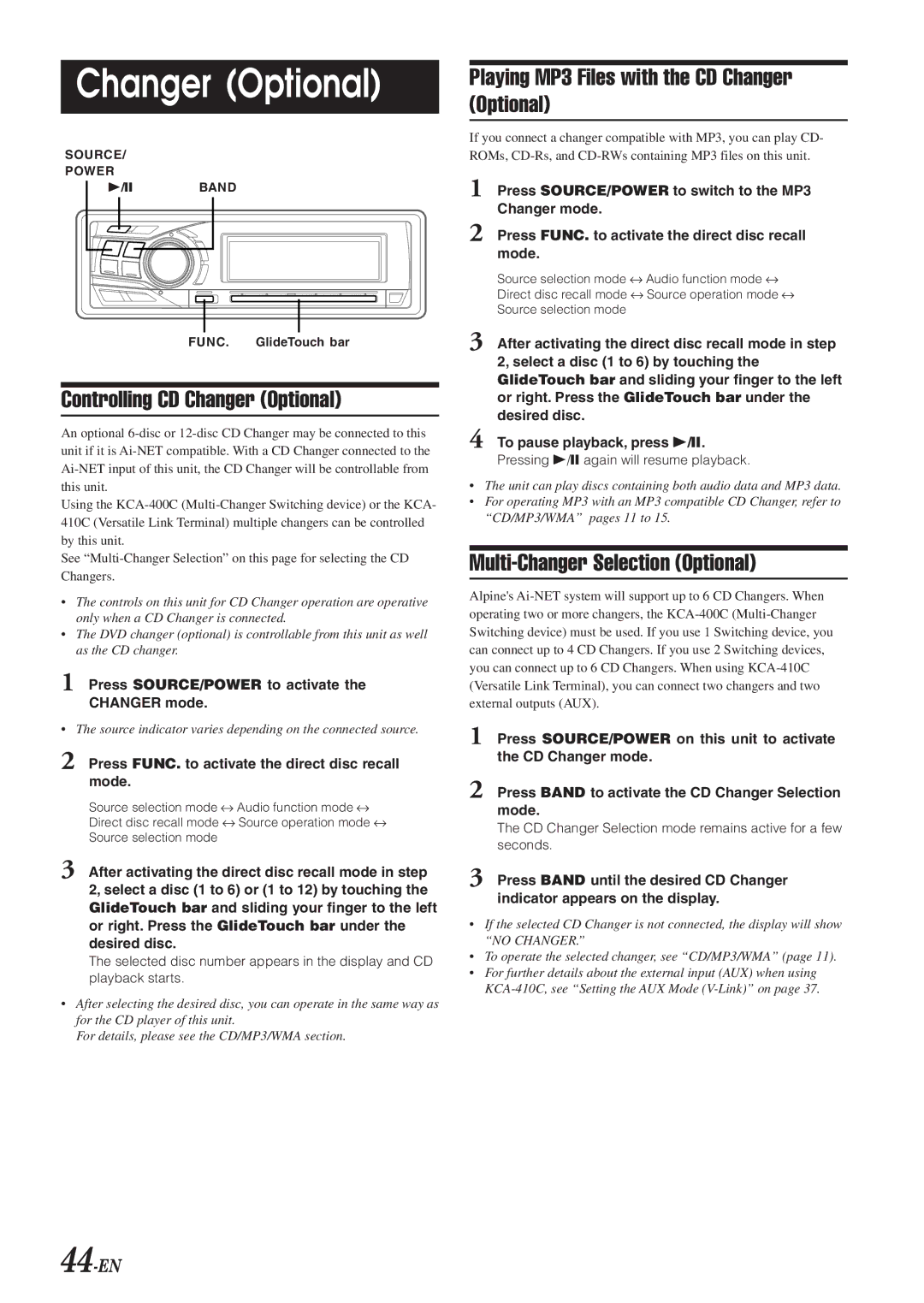 Alpine DVA-9965 owner manual Controlling CD Changer Optional, Playing MP3 Files with the CD Changer Optional, 44-EN 