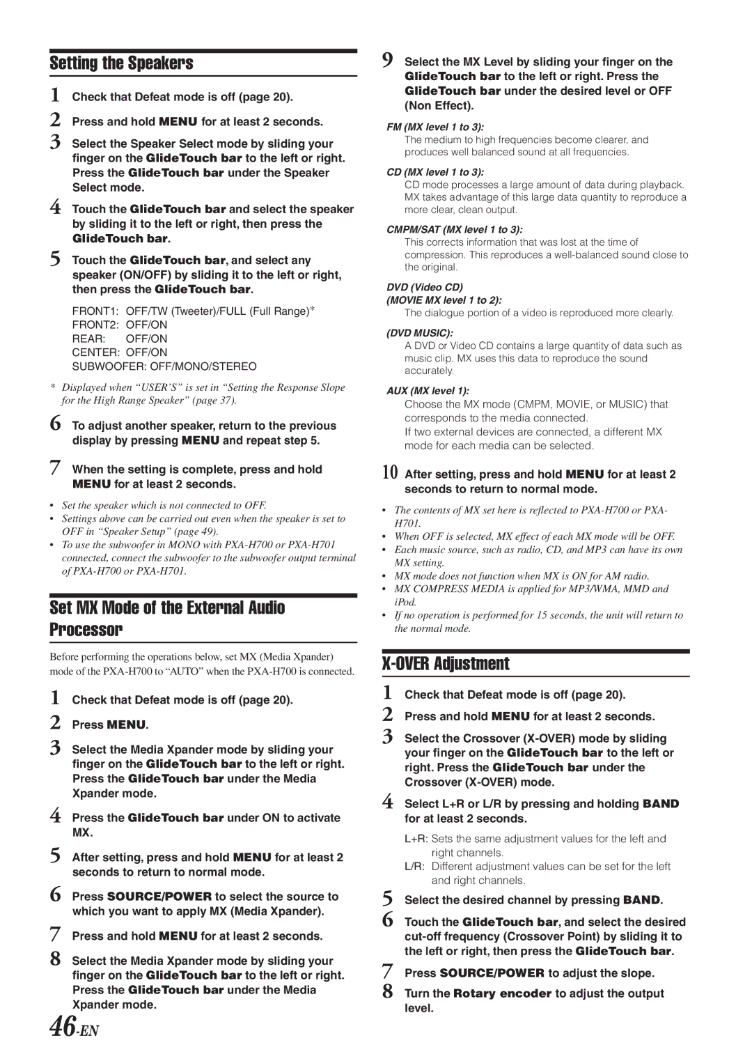 Alpine DVA-9965 owner manual Setting the Speakers, Set MX Mode of the External Audio Processor, Over Adjustment, 46-EN 