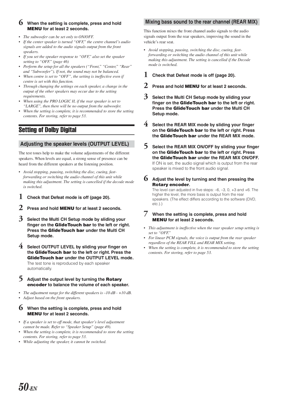 Alpine DVA-9965 owner manual Setting of Dolby Digital, Adjusting the speaker levels Output Level, 50-EN 