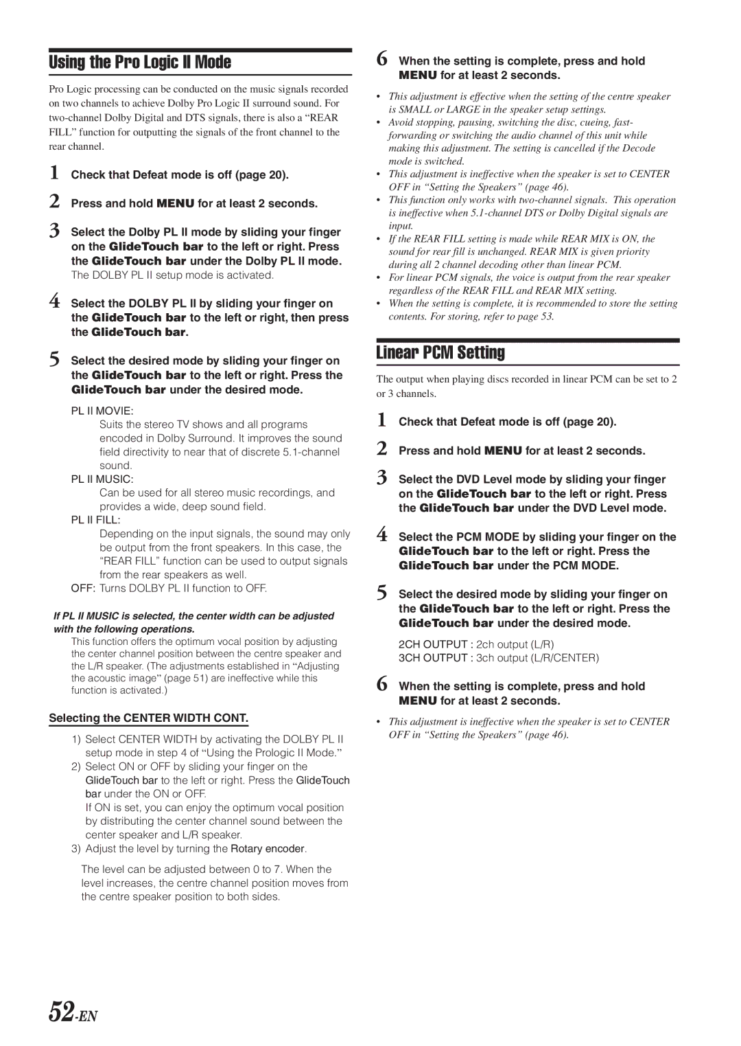 Alpine DVA-9965 owner manual Using the Pro Logic II Mode, 52-EN, Selecting the Center Width 