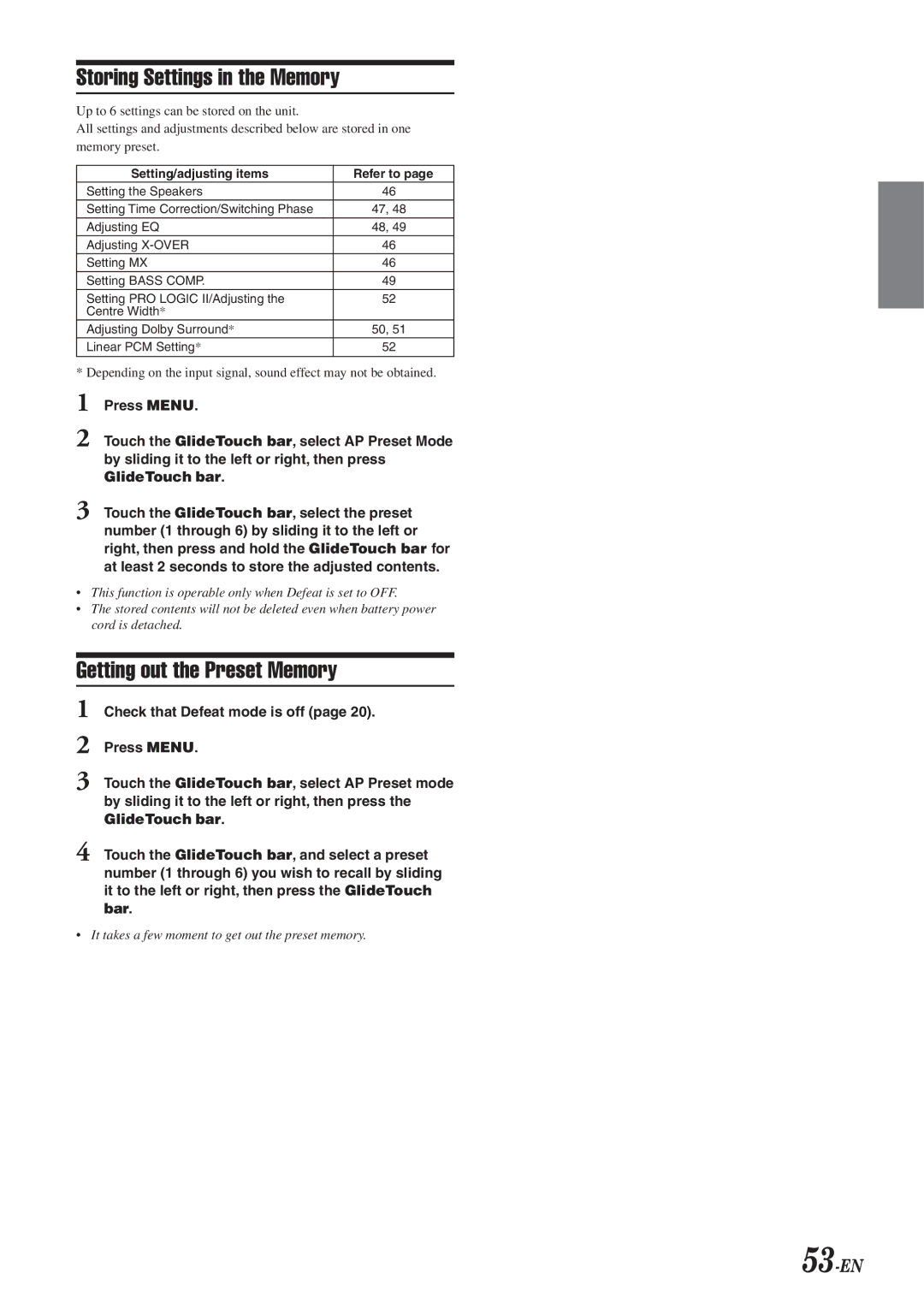 Alpine DVA-9965 owner manual Storing Settings in the Memory, Getting out the Preset Memory, 53-EN 