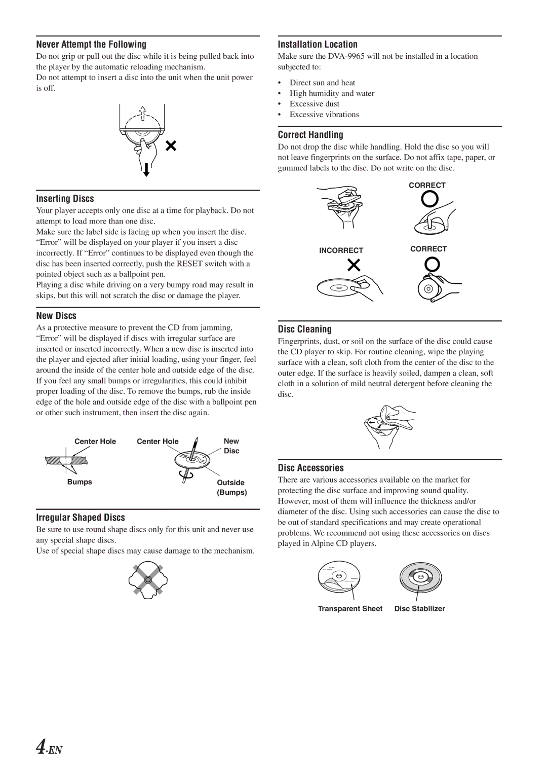 Alpine DVA-9965 owner manual Never Attempt the Following 