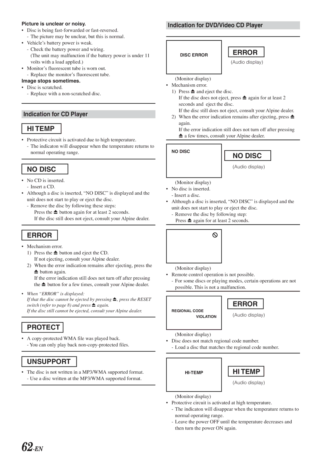 Alpine DVA-9965 Indication for CD Player, Indication for DVD/Video CD Player, 62-EN, Picture is unclear or noisy 