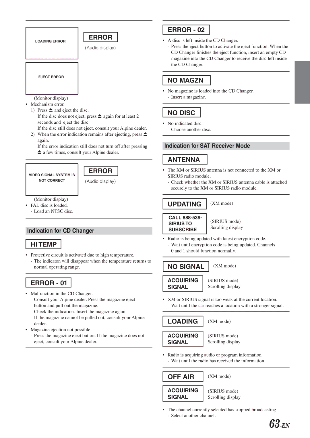 Alpine DVA-9965 owner manual Indication for SAT Receiver Mode, Indication for CD Changer, 63-EN, Sirius to, Subscribe 