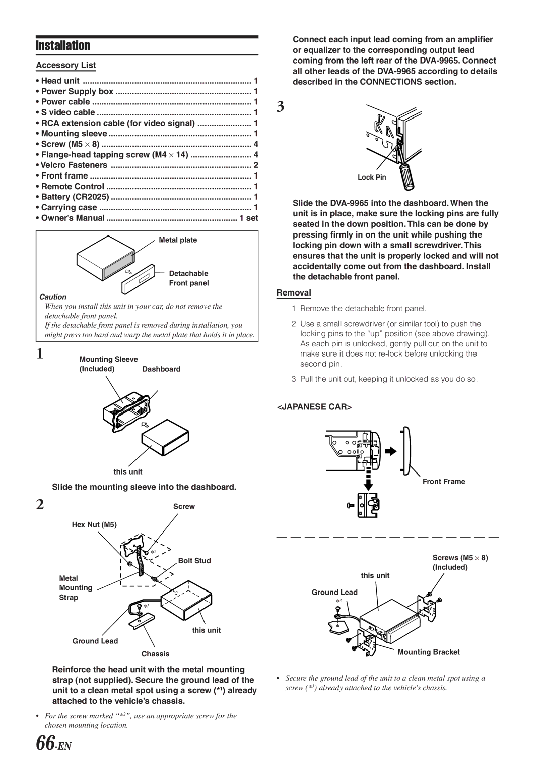 Alpine DVA-9965 owner manual 66-EN, Accessory List, Slide the mounting sleeve into the dashboard, Removal, Japanese CAR 