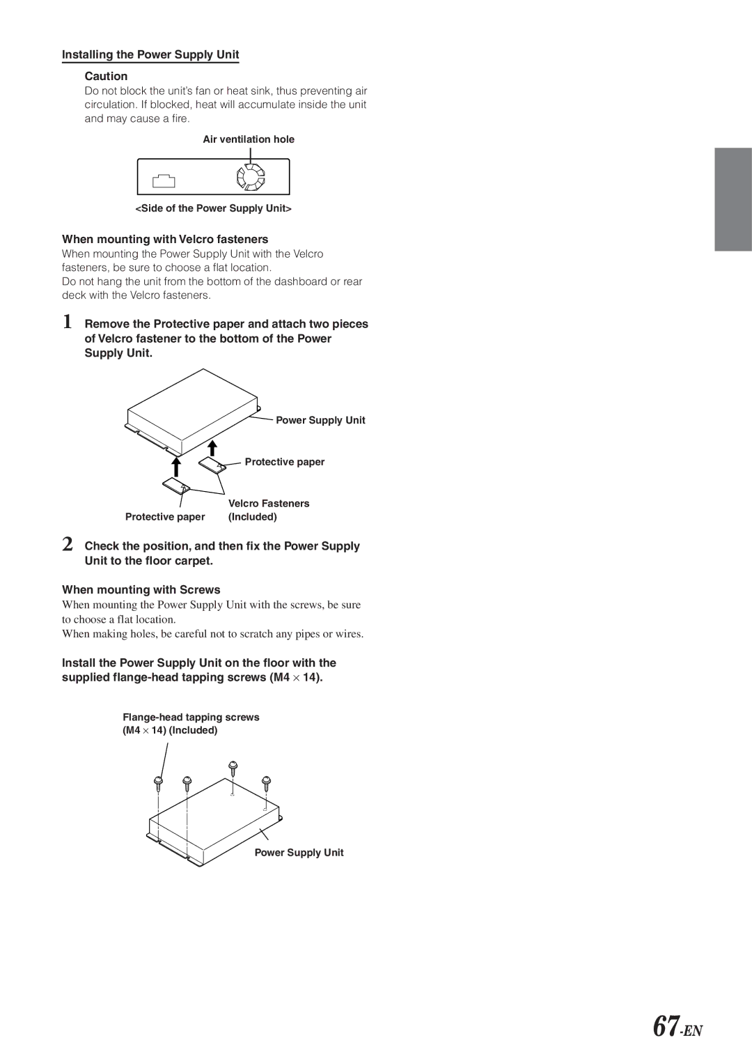 Alpine DVA-9965 owner manual 67-EN, Installing the Power Supply Unit, When mounting with Velcro fasteners 