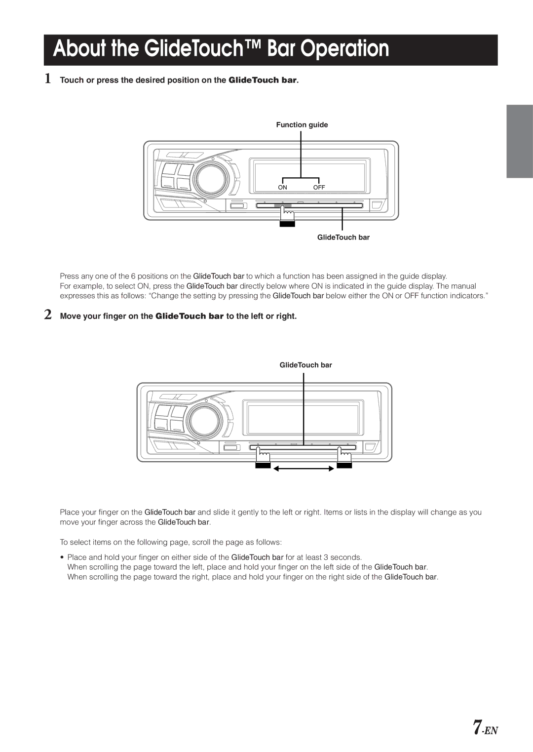 Alpine DVA-9965 owner manual About the GlideTouch Bar Operation, Touch or press the desired position on the GlideTouch bar 