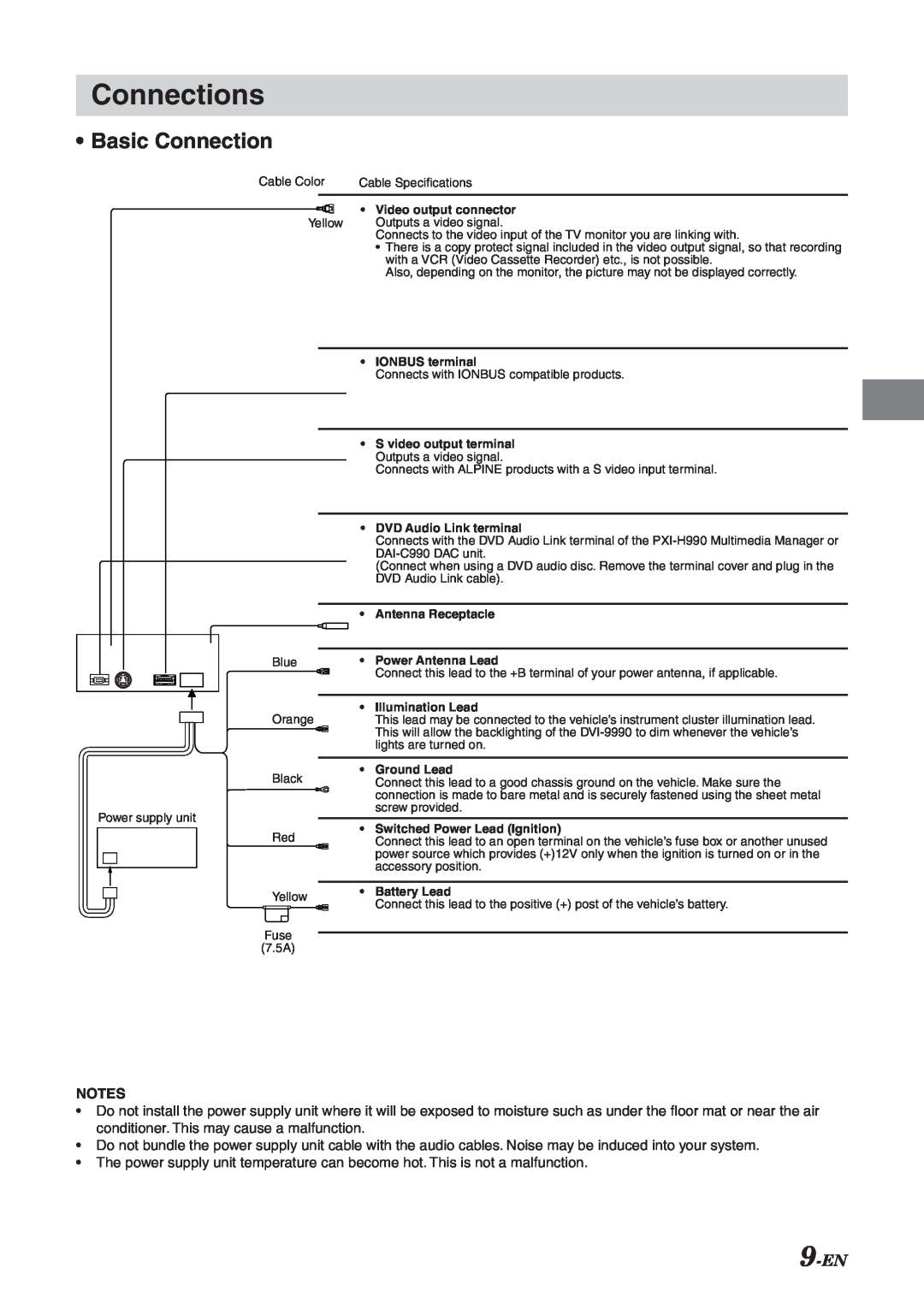 Alpine DVI-9990 manual Basic Connection, Connections, 9-EN 