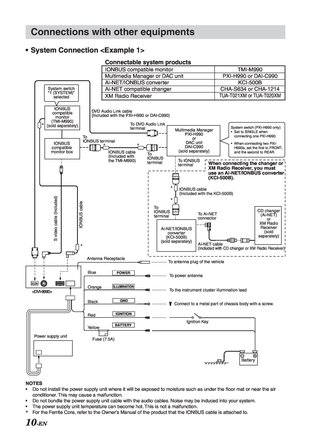Alpine DVI-9990 System Connection Example, Connections with other equipments, IONBUS compatible monitor, TMI-M990, 10-EN 