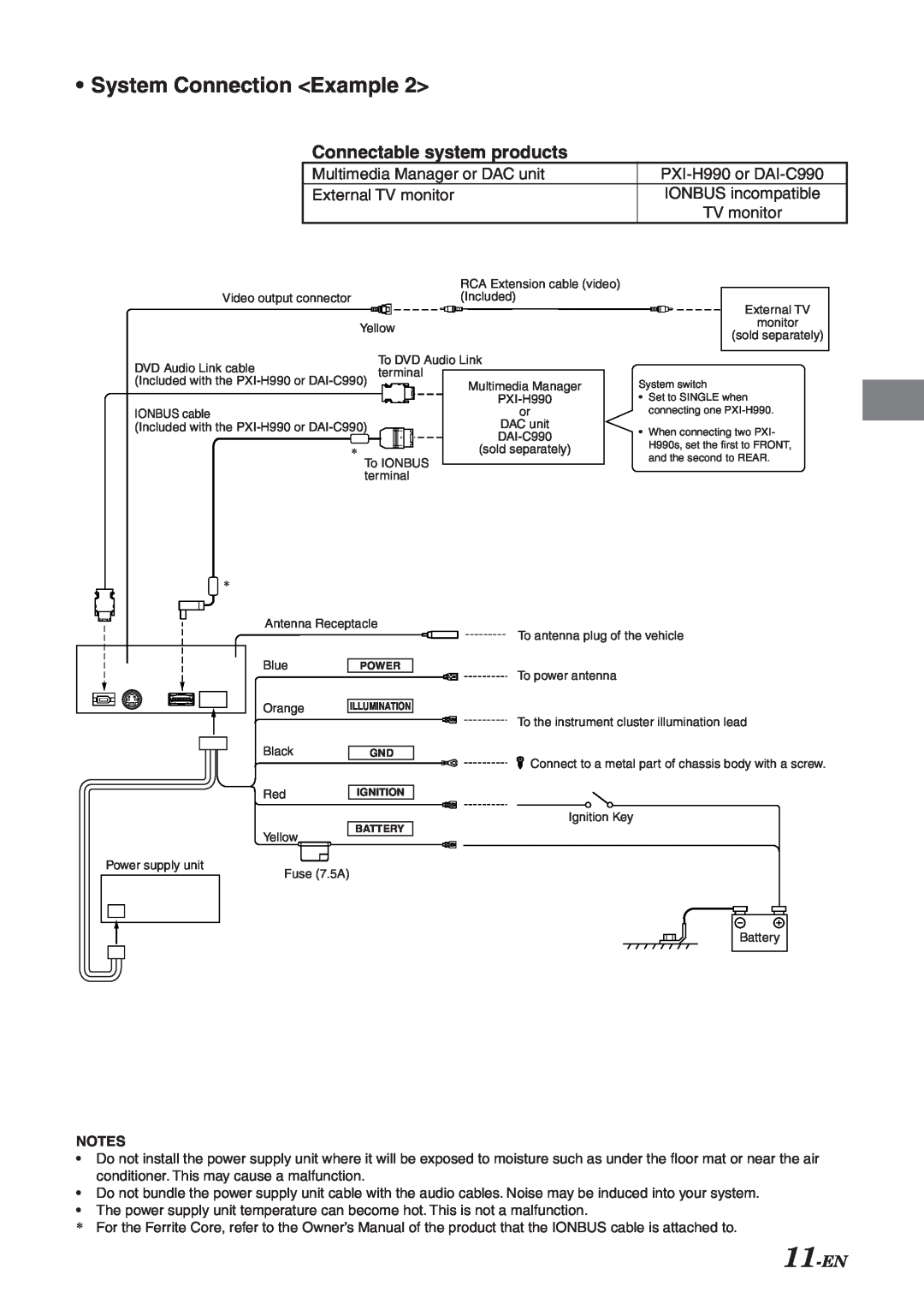 Alpine DVI-9990 manual System Connection Example, Multimedia Manager or DAC unit External TV monitor, 11-EN 