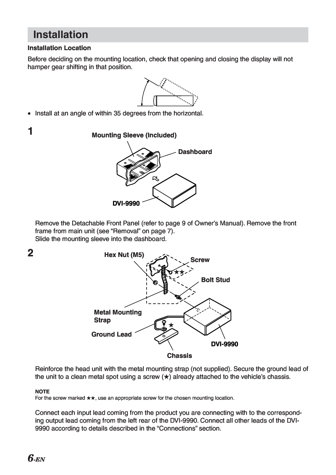 Alpine manual Installation Location, Mounting Sleeve Included, Dashboard DVI-9990, Hex Nut M5, Screw, Bolt Stud 