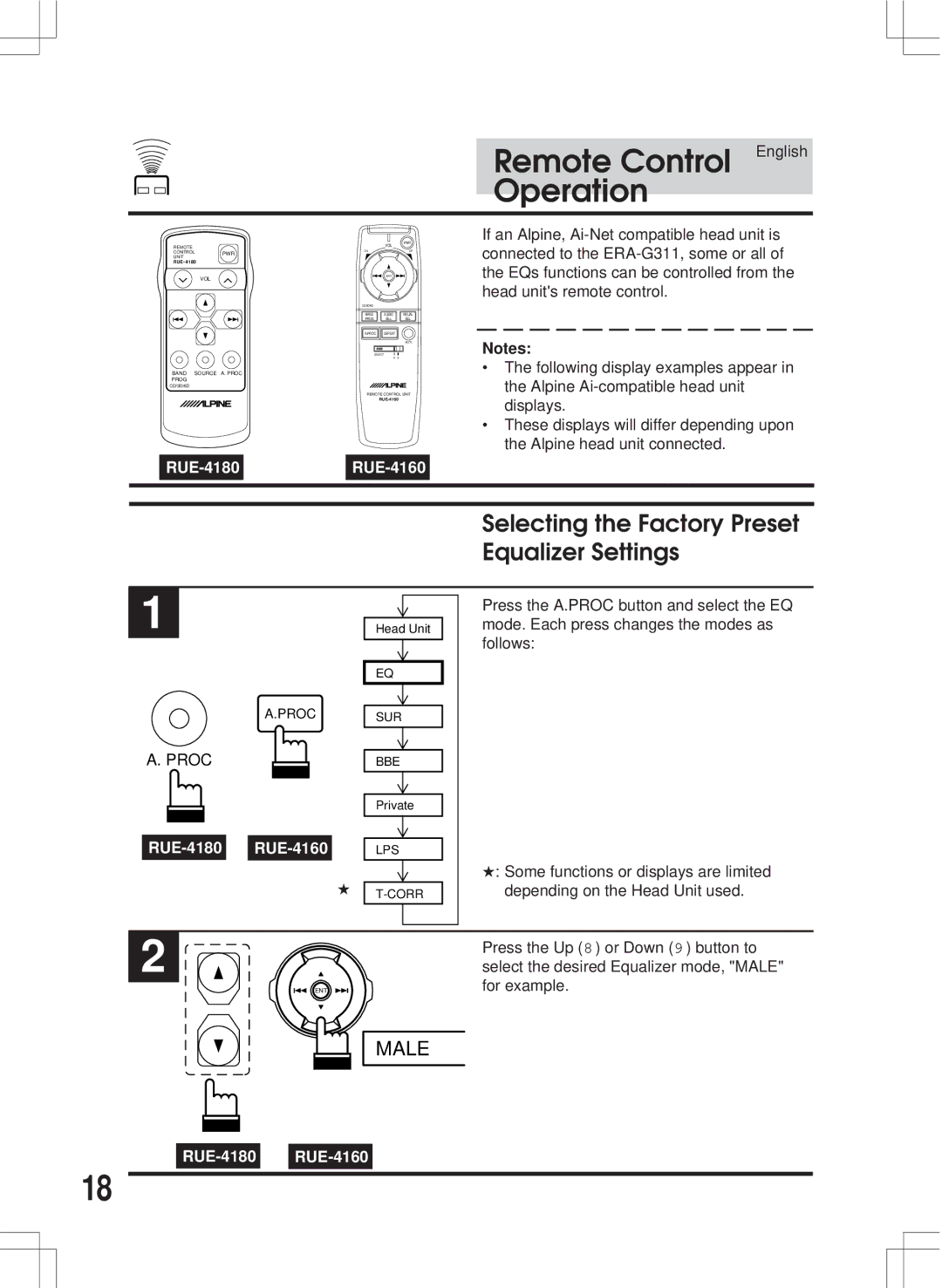 Alpine ERA-G311 owner manual Remote Control English Operation, Selecting the Factory Preset Equalizer Settings 