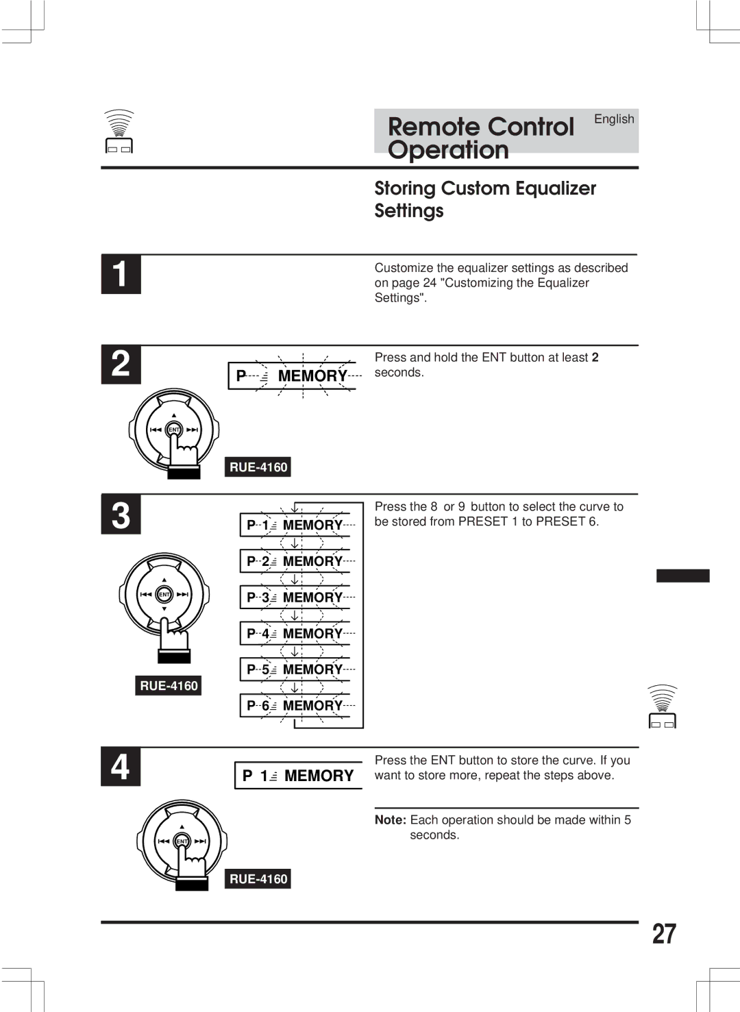 Alpine ERA-G311 owner manual Storing Custom Equalizer Settings, Memory seconds 