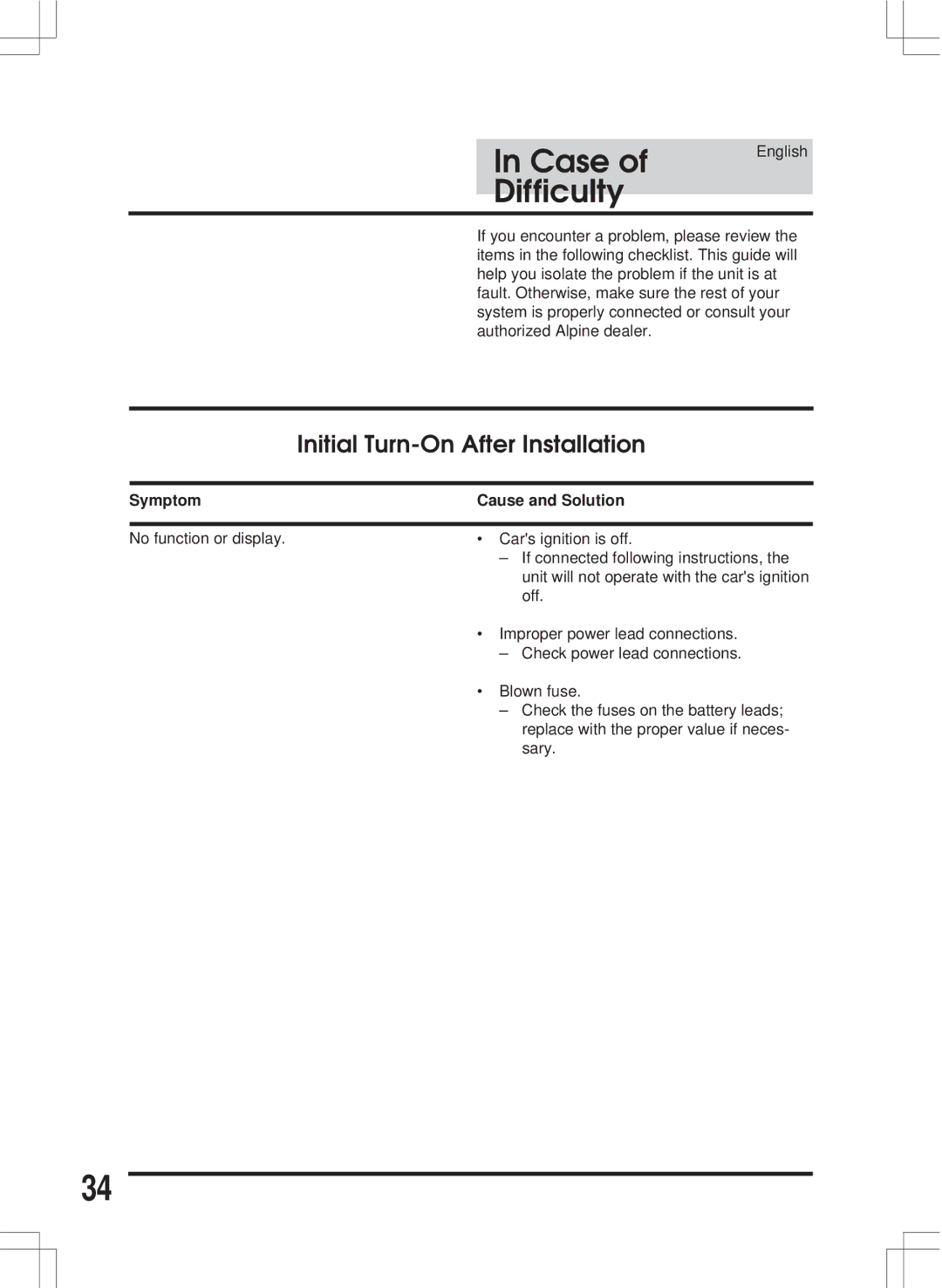 Alpine ERA-G311 owner manual RemoteIn Cas ofControl English OperationDifficulty, Initial Turn-On After Installation 