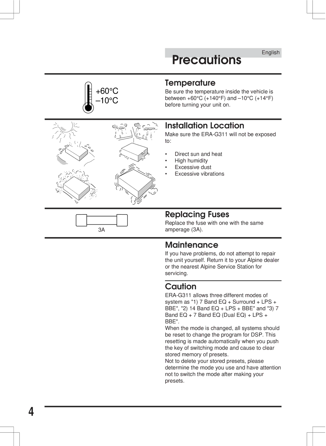 Alpine ERA-G311 owner manual Installation Location, Replacing Fuses, Maintenance 