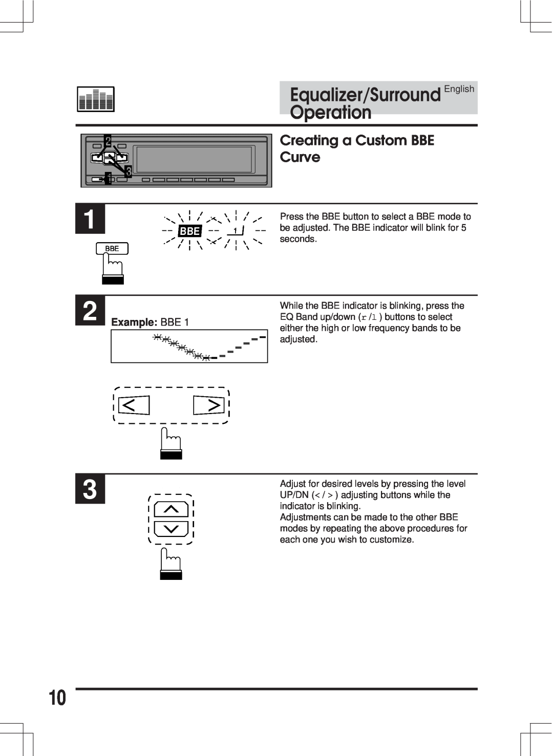 Alpine ERA-G311 owner manual Creating a Custom BBE Curve, Equalizer/Surround English Operation, Example BBE 