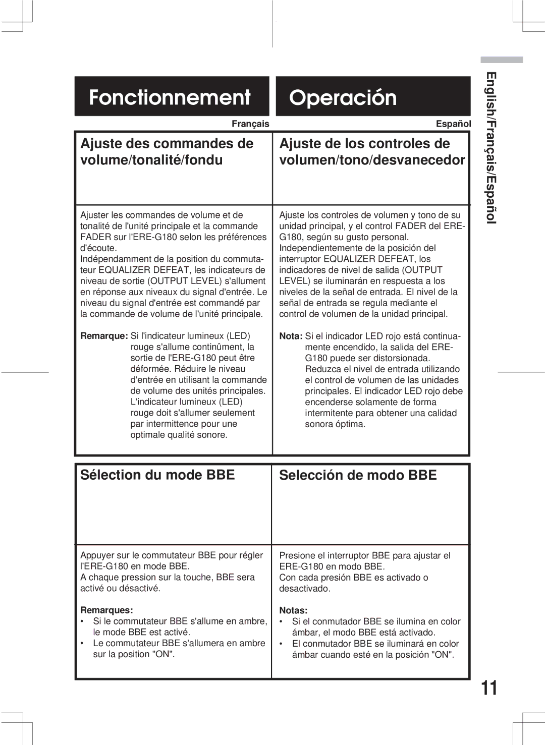 Alpine ERE-G180 owner manual Sélection du mode BBE, Remarques Notas 