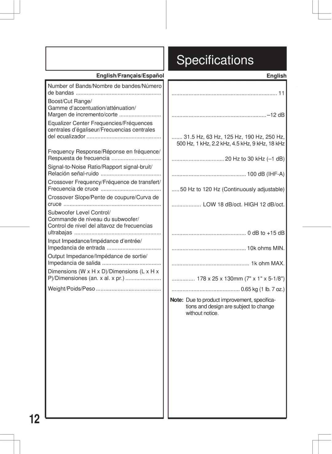 Alpine ERE-G180 owner manual Specifications, English 