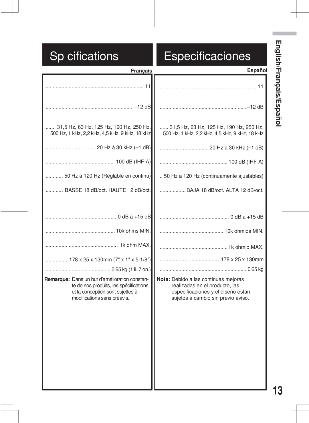 Alpine ERE-G180 owner manual Spécifications, Especificaciones, Français 