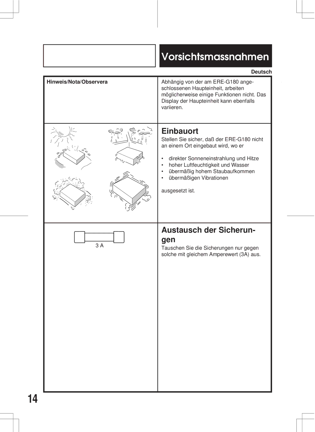 Alpine ERE-G180 owner manual Einbauort, Austausch der Sicherun, Gen, Hinweis/Nota/Observera 