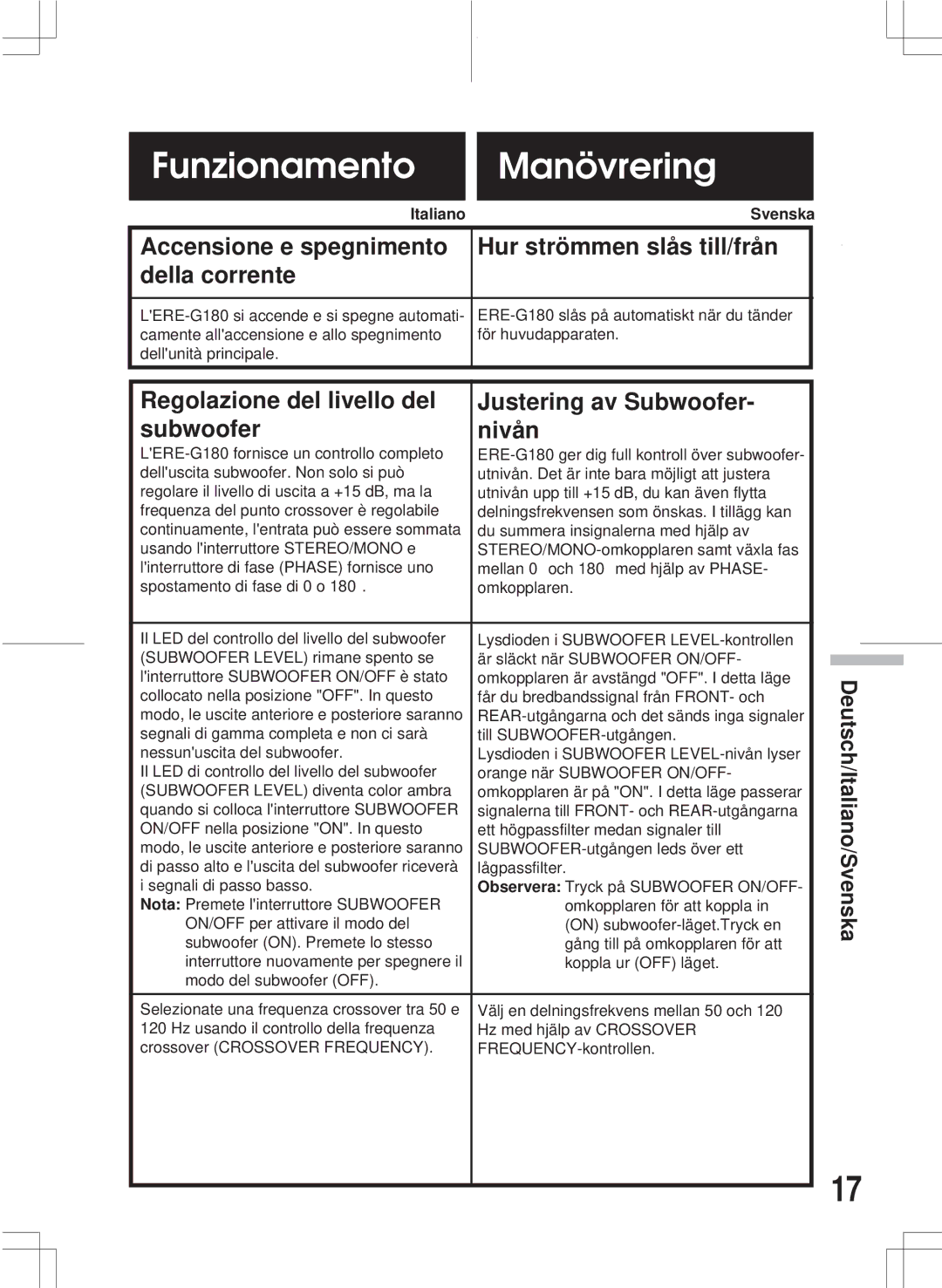 Alpine ERE-G180 owner manual Funzionamento Manövrering, Regolazione del livello del Justering av Subwoofer Nivån, Italiano 