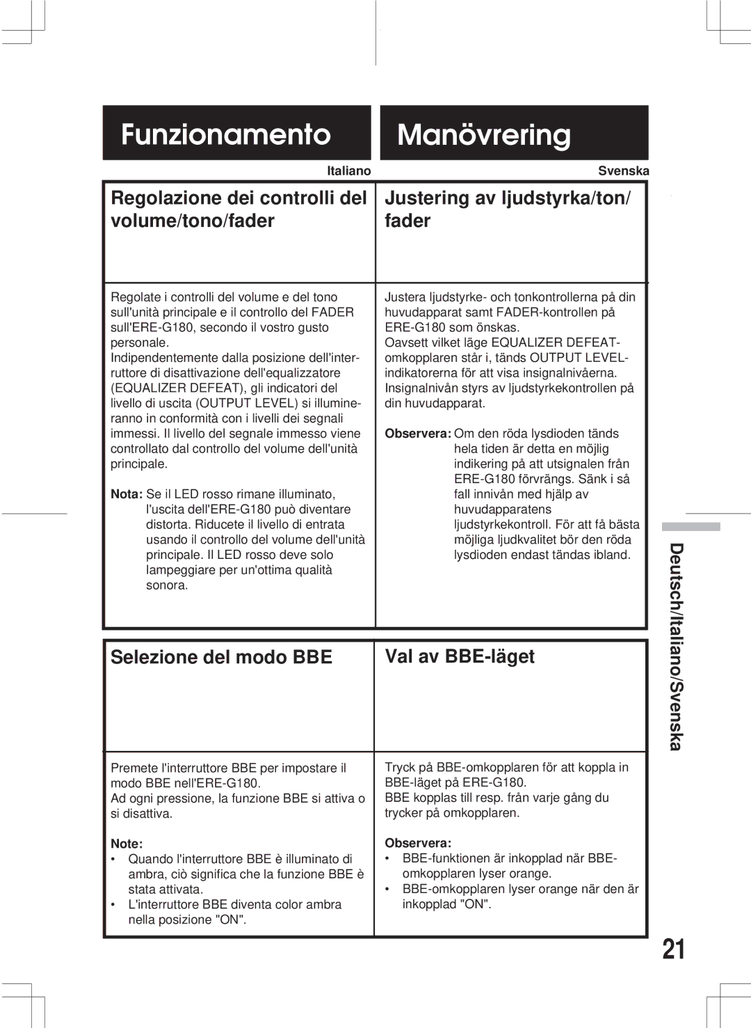 Alpine ERE-G180 owner manual Selezione del modo BBE Val av BBE-läget, Observera 