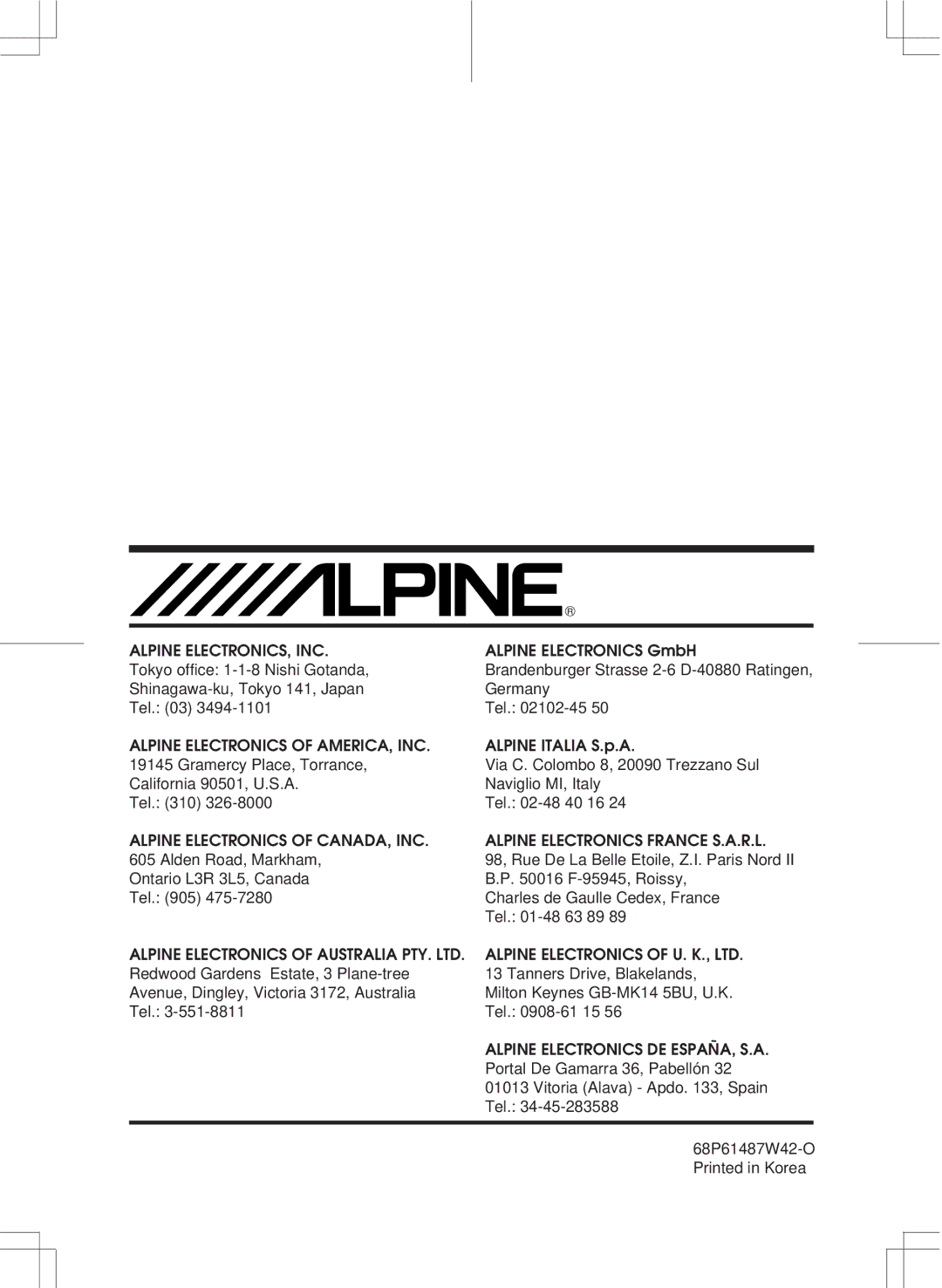 Alpine ERE-G180 owner manual Alpine ELECTRONICS, INC 