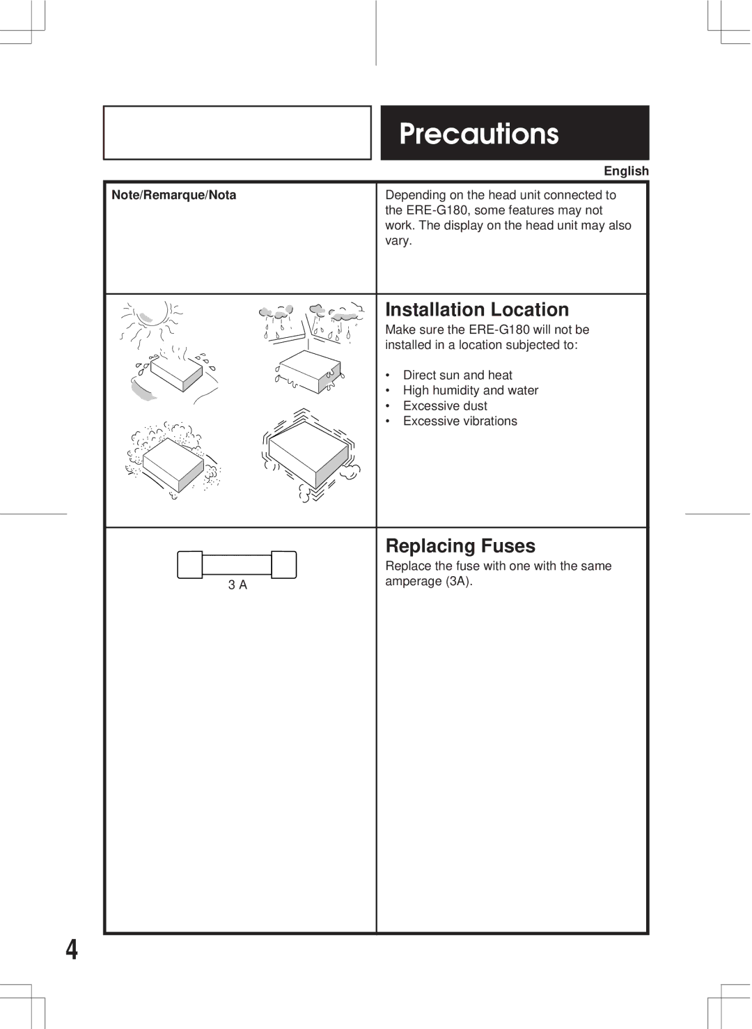 Alpine ERE-G180 owner manual Precautions, Installation Location, Replacing Fuses 